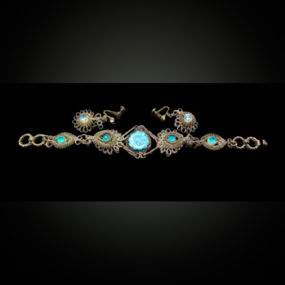 😍 Vintage-Bracelet & Earrings-1940 Mexican-Sterling Silver Wire & Blue Glass